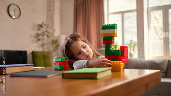 Fototapeta Child girl sitting at desk at home in living room, playing with building blocks and notebooks. Focus and concentration during play. Concept pf childhood, early development, learning activity