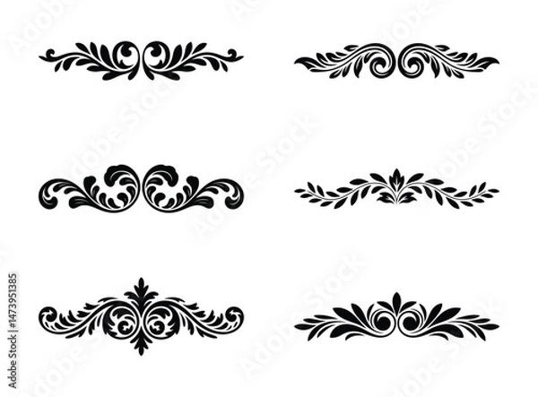 Fototapeta Elegant black and white decorative ornaments and floral swirls isolated on a white background