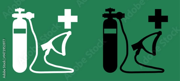 Fototapeta Black and white oxygen cylinder and mask icons with medical cross on green background. Flat vector style suitable for healthcare, emergency, or safety signage.