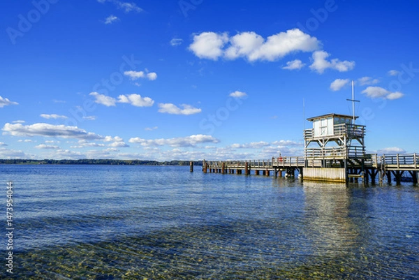 Fototapeta View of the pier and the Baltic Sea near Glücksburg. Landscape on the Flensburg Fjord.
