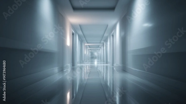 Fototapeta Minimalist medical corridor with abstract blur, conveying serenity and modern efficiency in healthcare spaces.