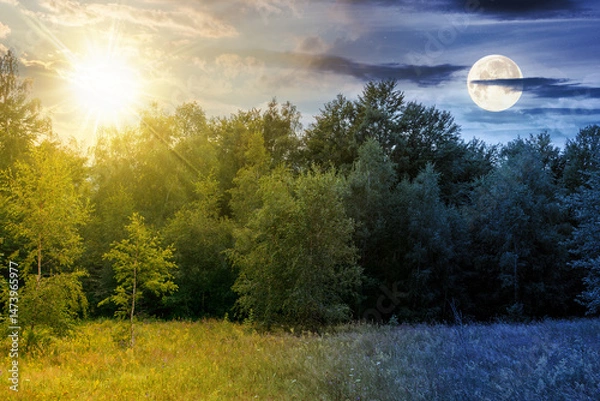 Fototapeta landscape with forest on the hill on summer solstice. day and night time change concept. scenic view of blooming alpine pasture with sun and moon at twilight. vacation season in european countryside