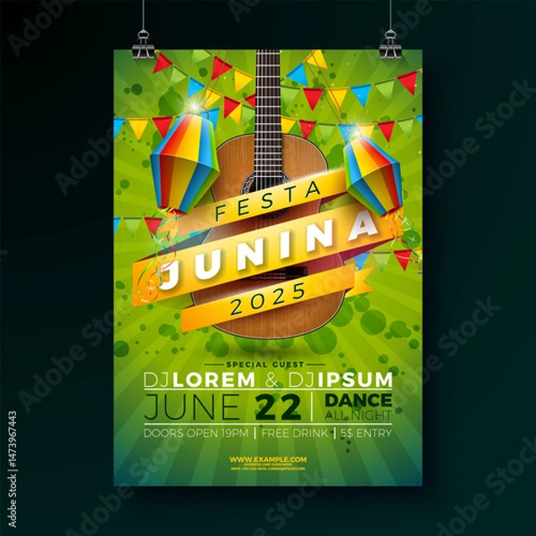 Fototapeta Festa Junina Party Flyer Design with Guitar, Party Flags, Paper Lantern and Typography Lettering on Nature Green Background. Vector Brazil June Festival Illustration for Celebration Poster or Holiday