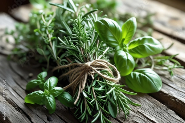 Fototapeta Freshly bundled herbs consisting of rosemary and basil on a rustic wooden table. The vibrant green colors and natural textures emphasize the freshness and aromatic qualities of the herbs.