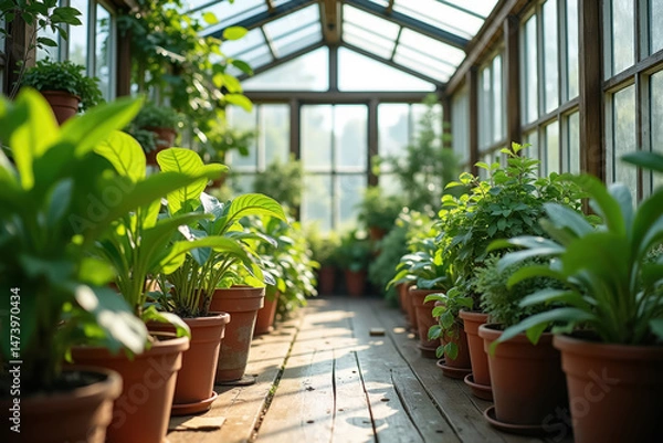 Fototapeta Greenhouse interior featuring abundant green plants and colorful flowers growing on multiple shelves and planters. Sunlight filters through the glass, creating a thriving garden environment.