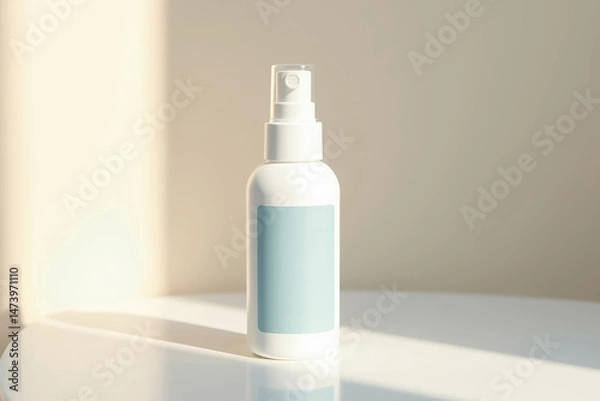 Fototapeta Skincare spray bottle standing on a marble surface beside a potted plant. The bottle design is simple and elegant, reflecting a minimalist aesthetic for beauty products. Mock up