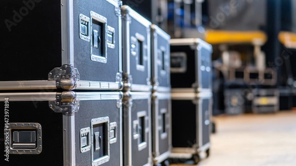 Fototapeta Stacked black road cases with metal edges in a backstage or equipment storage area.
