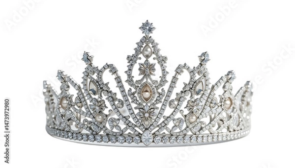 Obraz Front view of a silver diamond crown for a beauty queen pageant, featuring a crystal tiara adorned with gemstones and pearls. transparent background