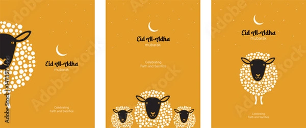 Fototapeta Eid Al-adha mubarak text with sheep illustration, muslim sacrifice festival.