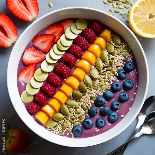 Fototapeta Acai bowl topped with rainbow arranged fruits and seeds presented in dynamic health inspired styling for a vibrant nutritious dessert concept

