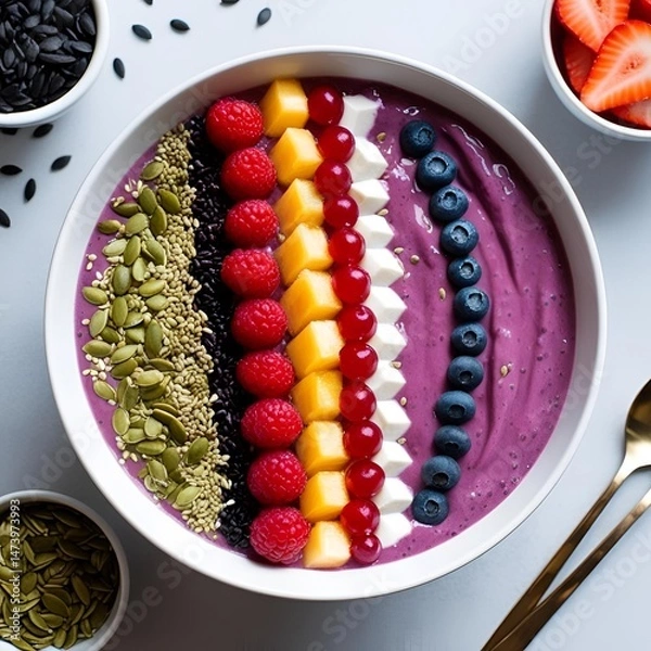 Fototapeta Acai bowl topped with rainbow arranged fruits and seeds presented in dynamic health inspired styling for a vibrant nutritious dessert concept
