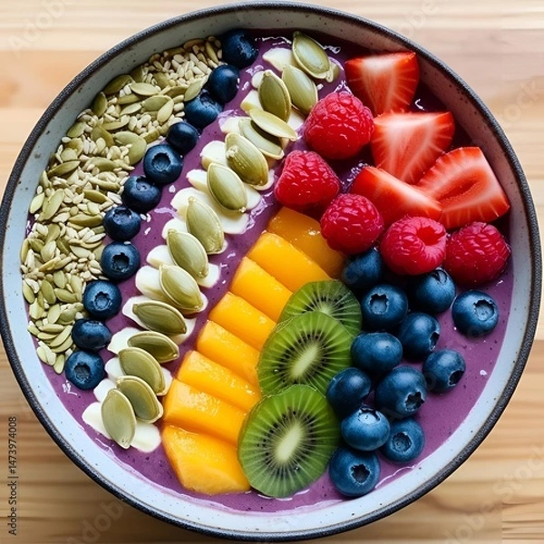 Fototapeta Acai bowl topped with rainbow arranged fruits and seeds presented in dynamic health inspired styling for a vibrant nutritious dessert concept
