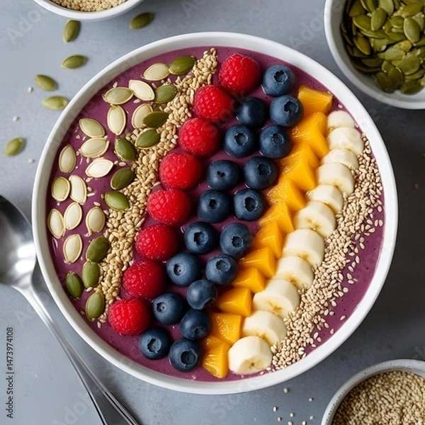 Fototapeta Acai bowl topped with rainbow arranged fruits and seeds presented in dynamic health inspired styling for a vibrant nutritious dessert concept
