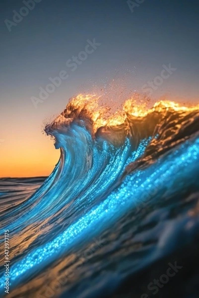 Obraz Bioluminescent wave glowing during beautiful sunset over ocean