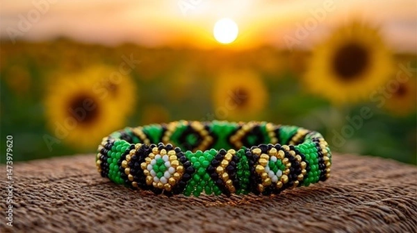 Fototapeta Beaded bracelet in green, black, and gold on woven fabric, symbolizing South African Youth Day pride and heritage.