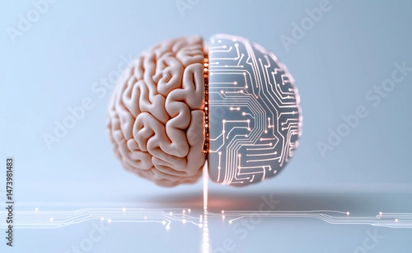 Fototapeta Half human brain and half digital circuit brain symbolizing the fusion of biology and artificial intelligence.
