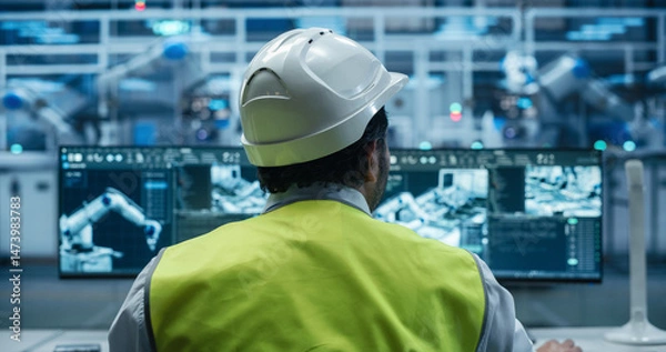 Fototapeta Indian Engineer Sitting Behind a Desk in a Modern Product Development Facility, Using Industrial Computer Software on Dual Screens, Monitoring Electronics Production Line with Robotic Arms. Back View