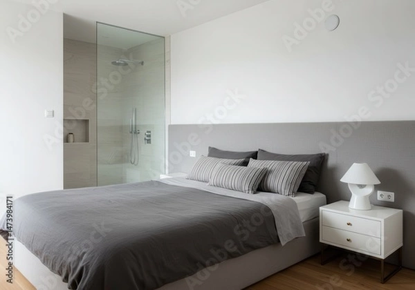 Fototapeta Modern bedroom with gray bedding and ensuite shower in minimalist design