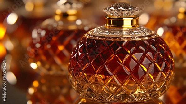 Fototapeta Elegant row of wine bottles with amber and red reflections, a sophisticated still life of refined taste.