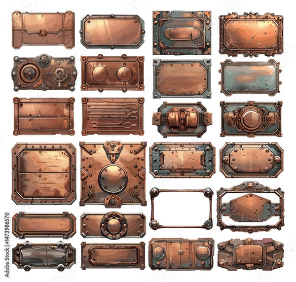 Fototapeta Bronze panels cartoon vector set. Square metal riveted rectangular steampunk iron mechanisms brass machinery frames isolated on white background