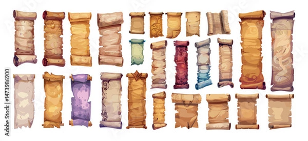 Fototapeta Magic parchment scrolls cartoon vector set. Wizard spells twisted curly paper manuscripts ancient documents isolated on white background