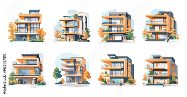 Fototapeta Town house apartments cartoon vector set. Modern architecture buildings countryside life nature trees elements illustrations isolated on white background