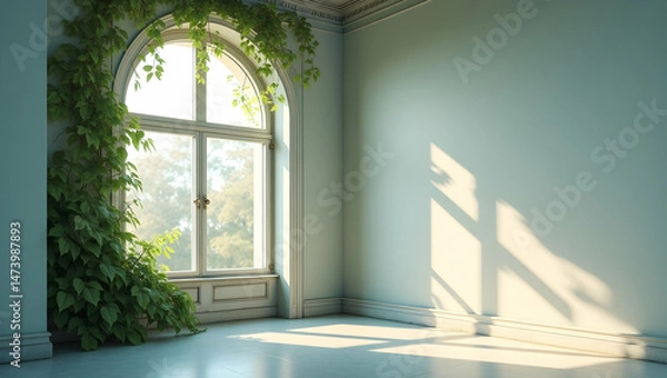 Fototapeta Serene dusty periwinkle corner cyclorama bathed in gentle sunlight illuminating delicate green ivy, creating a tranquil and inviting indoor sanctuary ambience