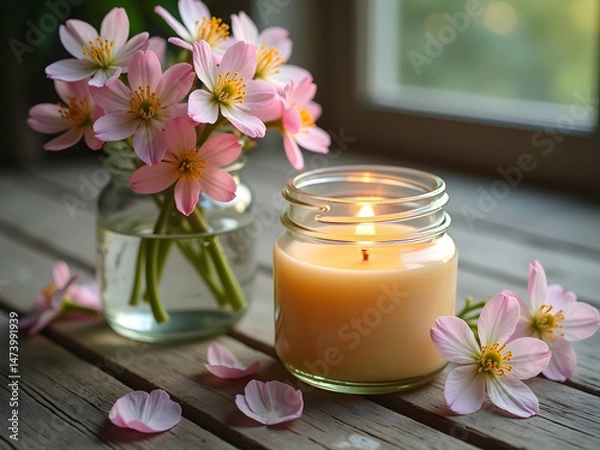 Fototapeta Serene Still Life, A Warm Candle's Glow Complemented by Delicate Pink Flowers in Glass Jars on Rustic Wooden Planks near a Window, Evoking Calm and Peace
