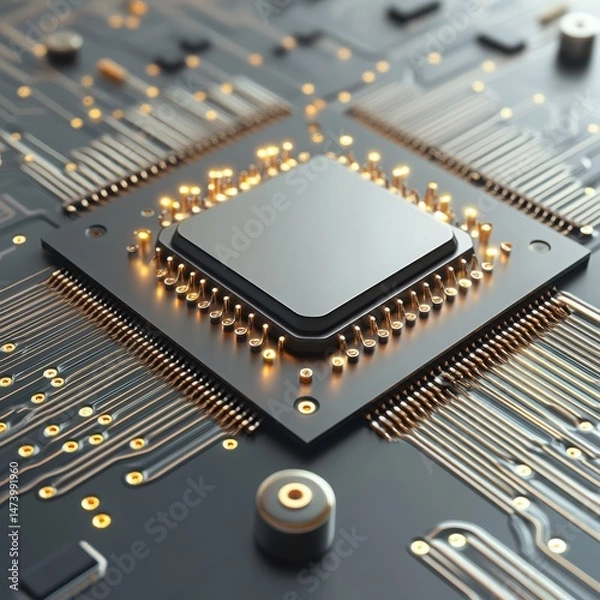 Fototapeta Close-up of a computer processor on a circuit board on transparent background