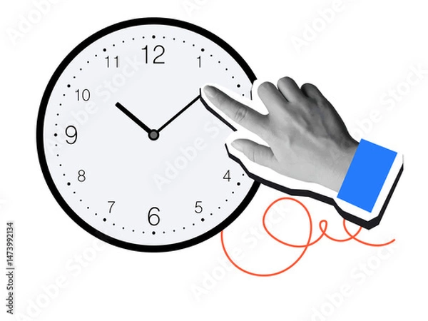 Fototapeta Hand moves clock arrow. Modern collage style. Illustration on transparent background