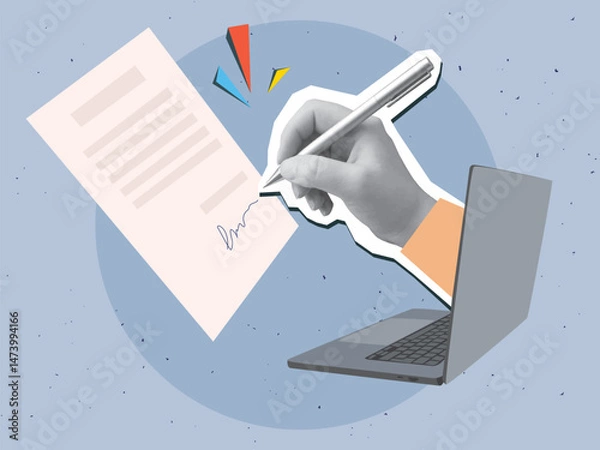 Fototapeta Black and white hand from laptop screen signs on a document. Modern collage style. Vector illustration
