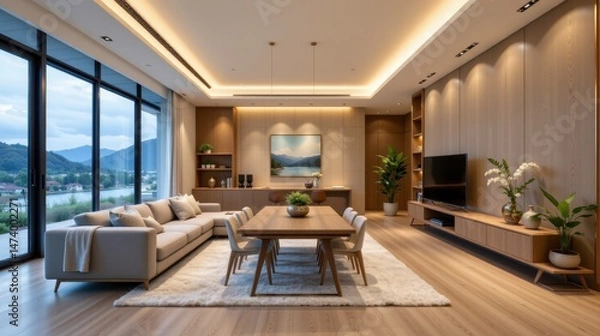 Fototapeta Modern and Elegant Living Room Design with Large Windows Overlooking Scenic Mountain View and Stylish Furniture