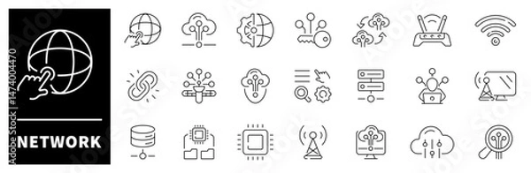 Fototapeta Network vector icons. Networking thin line icons collection. Online, computer, website, server, web design, hardware, software, programming, network related icons