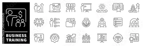 Obraz Business training thin line icons. Outline icons related to business training. Business vector icon set. Set of training icons, presentation, seminar, video conference Editable stroke Vector icons