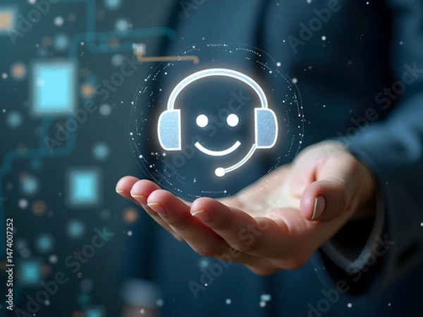 Fototapeta Stylized modern user support icon resembling a smiling face with headset hovering above an open hand suggesting assistance and problem resolution