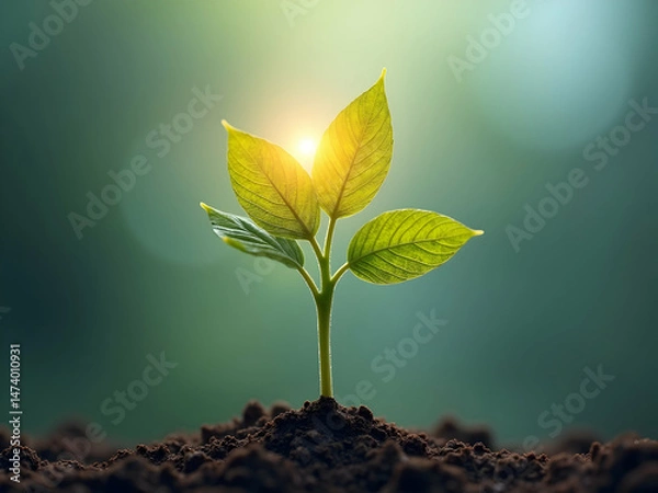 Fototapeta The optimistic emergence of a tender sprout from rich earth, symbolizing growth, hope, and the resilience of nature in gentle sunlight