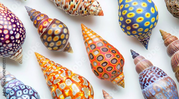 Fototapeta Various cone snail shells,arranged on a white background, natural light, vibrant patterns, realistic, shell collection, museum display, macro photography