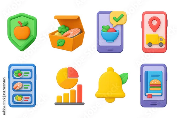 Obraz 3D icon set of food delivery and nutrition tracking: healthy food delivery badge, personalized meal box icon, smart nutrition feedback, real-time delivery tracker, custom meal plan app, diet