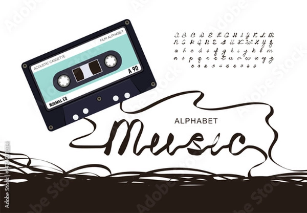 Obraz Cassette Tape Alphabet - Retro Font Made from Magnetic Audio Tape, Creative One-Line Letters and Numbers in 80s Style.