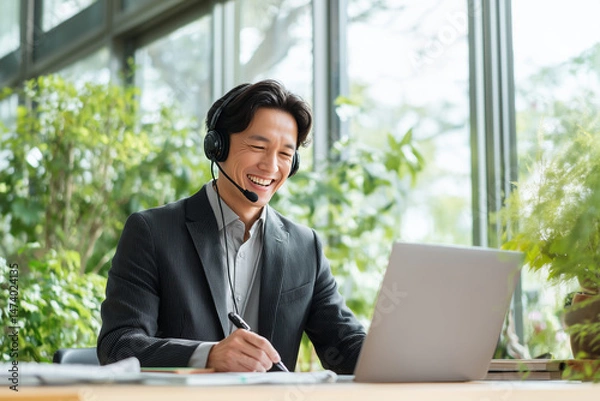 Fototapeta Asian businessman wearing a headset, smiling while talking to a laptop, holding a pen, bright office with large window, fresh greenery outside, modern remote work atmosphere no logo