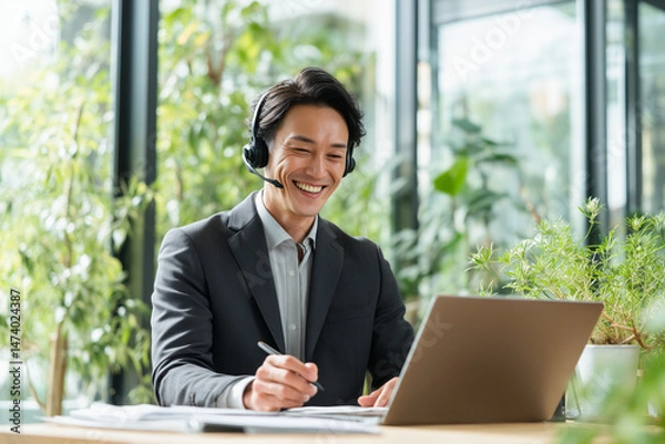 Fototapeta Asian businessman wearing a headset, smiling while talking to a laptop, holding a pen, bright office with large window, fresh greenery outside, modern remote work atmosphere no logo