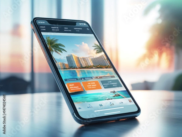 Fototapeta Smartphone displaying a beachfront resort website during sunset
