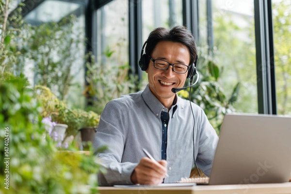 Fototapeta Asian businessman wearing a headset, smiling while talking to a laptop, holding a pen, bright office with large window, fresh greenery outside, modern remote work atmosphere no logo