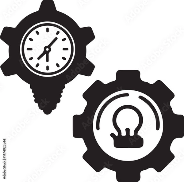 Fototapeta Graphic resource depicting two gears. The gear on the left contains a clock, and the gear on the right contains a lightbulb.