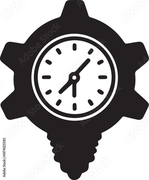 Fototapeta The icon depicts a clock with its face oriented towards the viewer, set inside of a gear shaped object, with a lightbulb shape hanging from the bottom. It is a black and white image