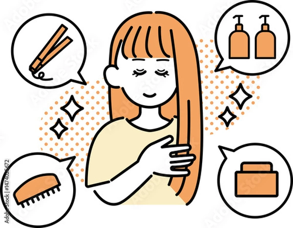 Fototapeta ヘアケアをする女性のイラスト