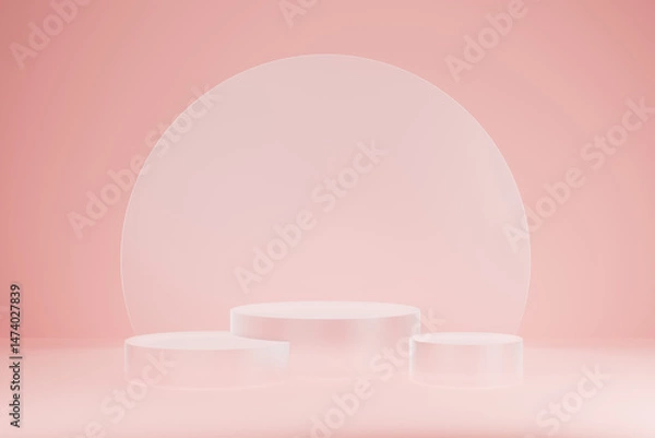 Fototapeta 3D realistic set of three frosted transparent glass cylindrical podium background on light pink. Shining disk, mockup, 3d rendering. Minimalistic stage for placement product, presentation pedestal.