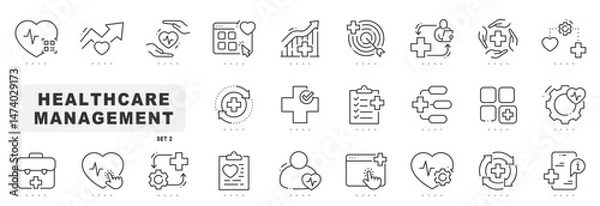 Fototapeta Set of health carte management related line icons. Diagnosis, monitoring, record etc. Editable stroke. Set 2