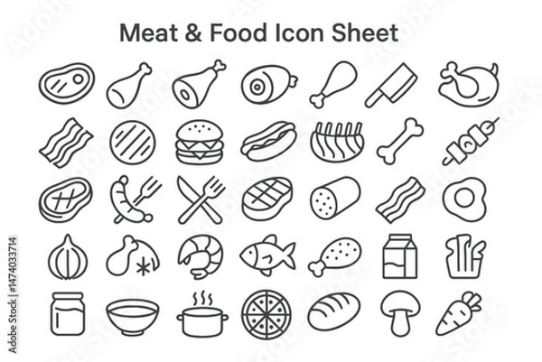 Obraz Meat and Food Icon Sheet: A comprehensive set of black and white line icons, illustrating various meats and food items with clean, graphic aesthetics, ideal for culinary and food-related design.