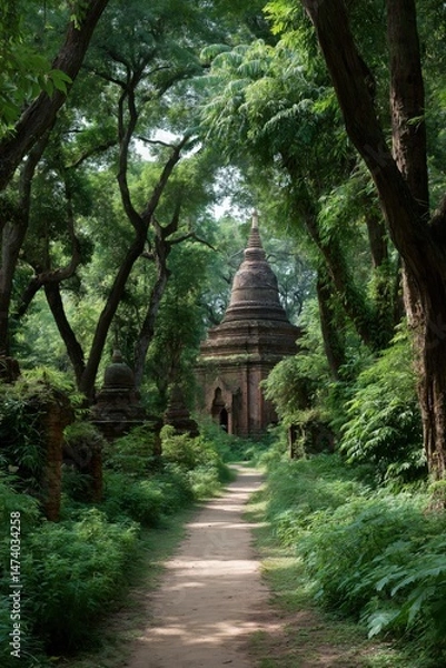 Fototapeta Ancient pagoda pathway in lush green forest with towering trees and historical architecture
